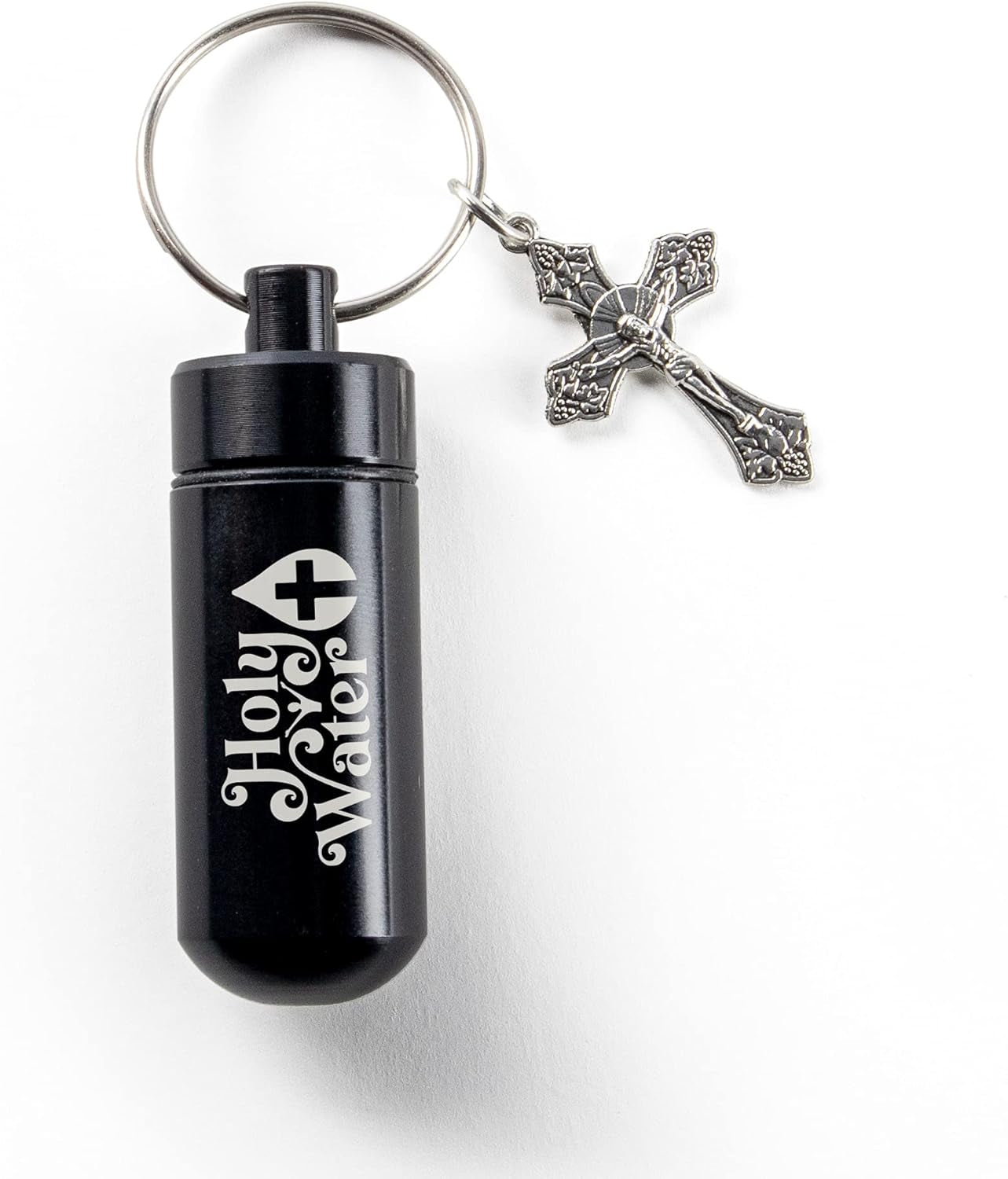 Catholic Holy Water Bottle, Black Keychain Container Kit with Plastic Eyedropper & Glass Vial