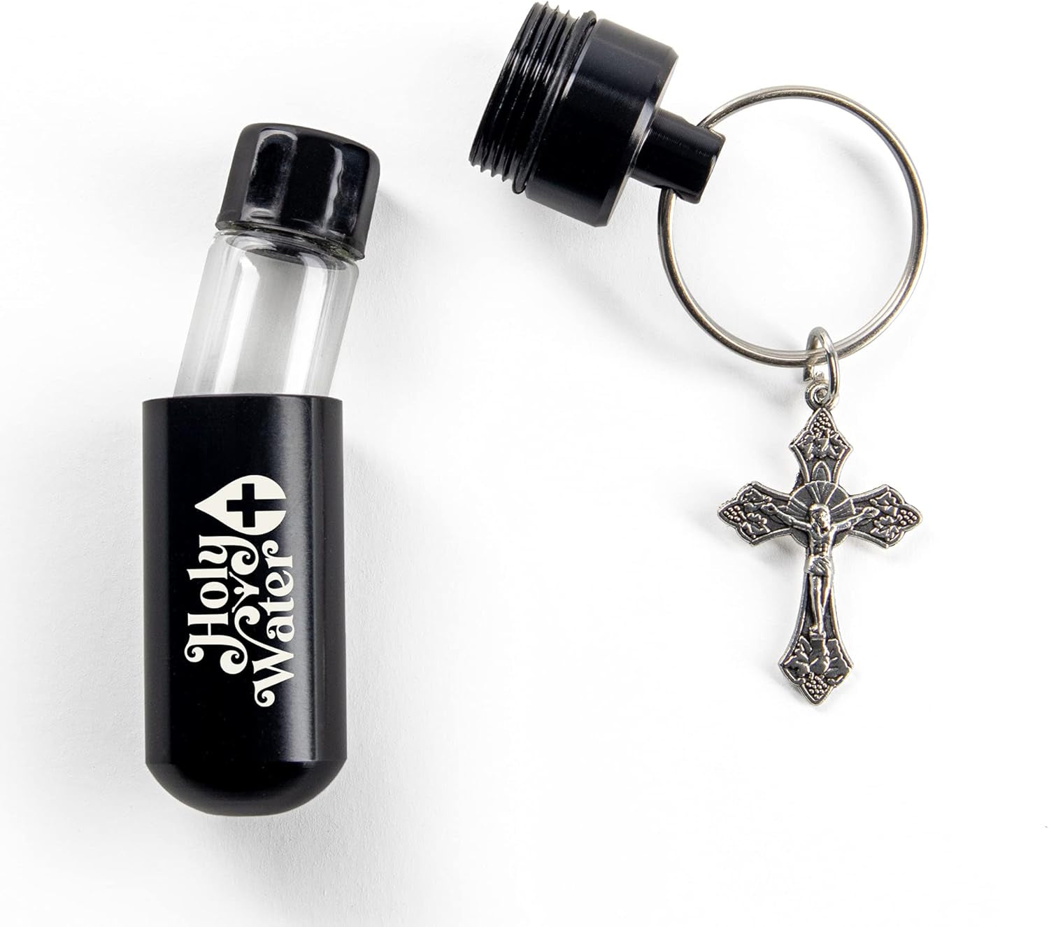 Catholic Holy Water Bottle, Black Keychain Container Kit with Plastic Eyedropper & Glass Vial
