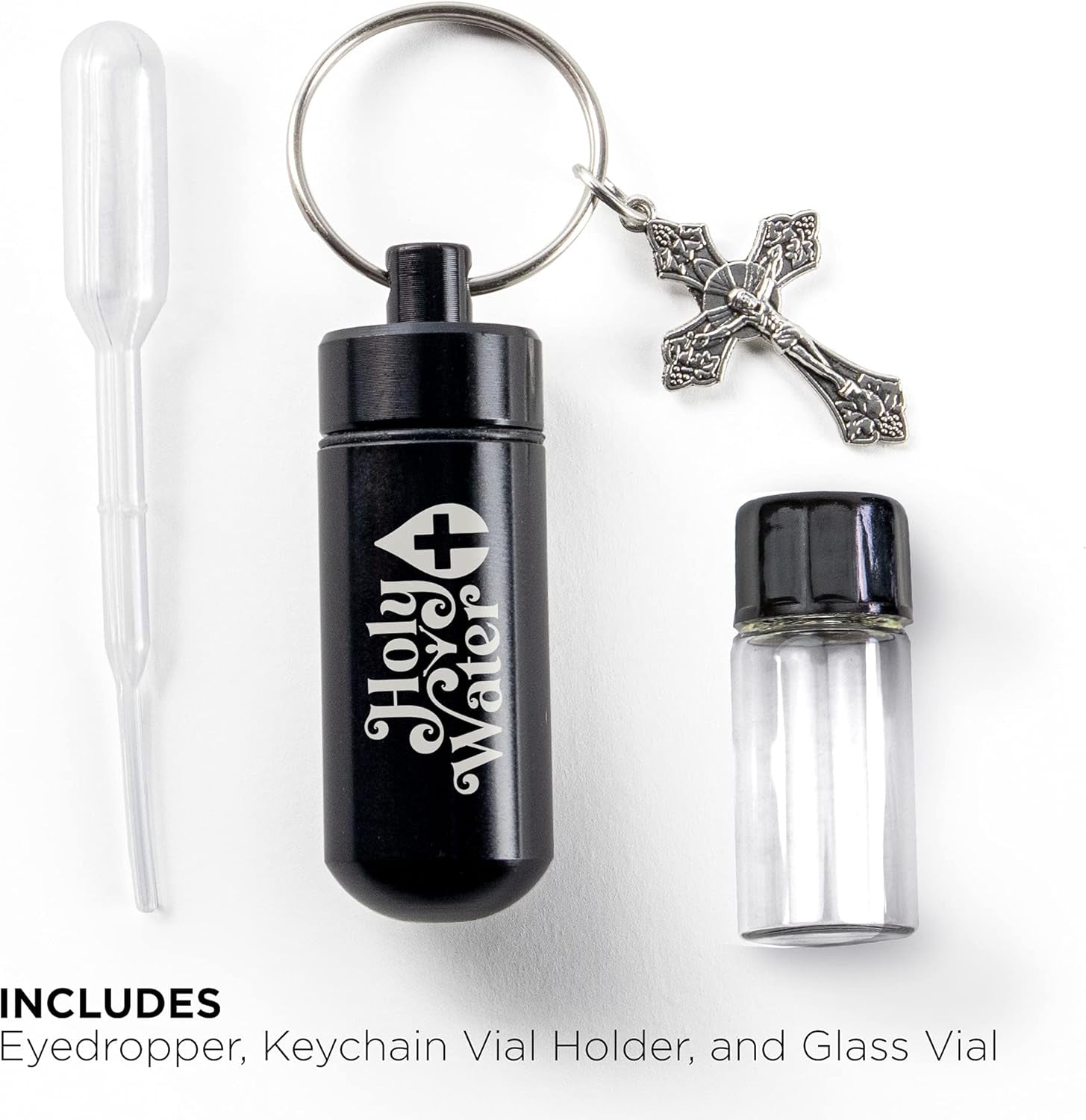 Catholic Holy Water Bottle, Black Keychain Container Kit with Plastic Eyedropper & Glass Vial