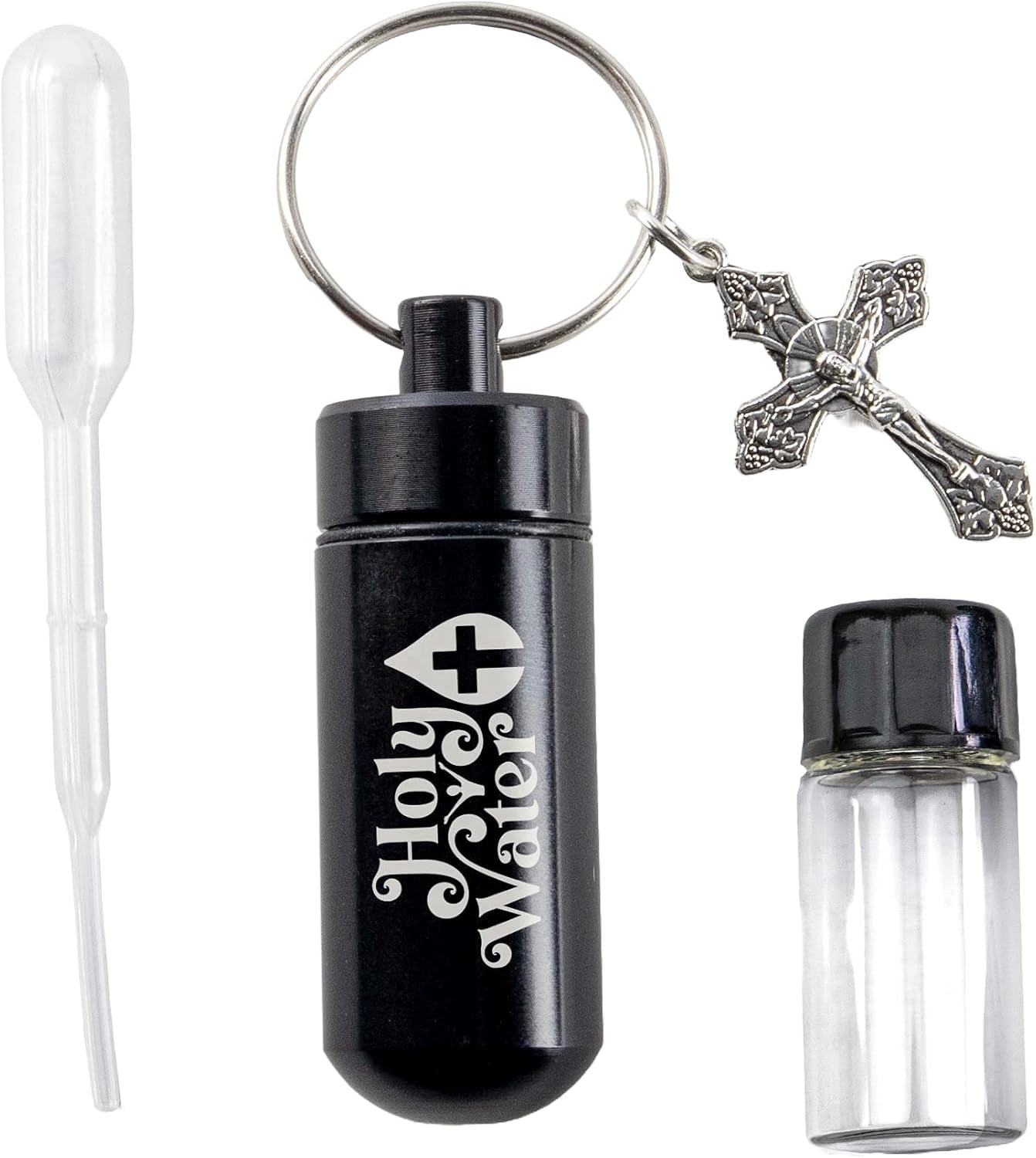 Catholic Holy Water Bottle, Black Keychain Container Kit with Plastic Eyedropper & Glass Vial