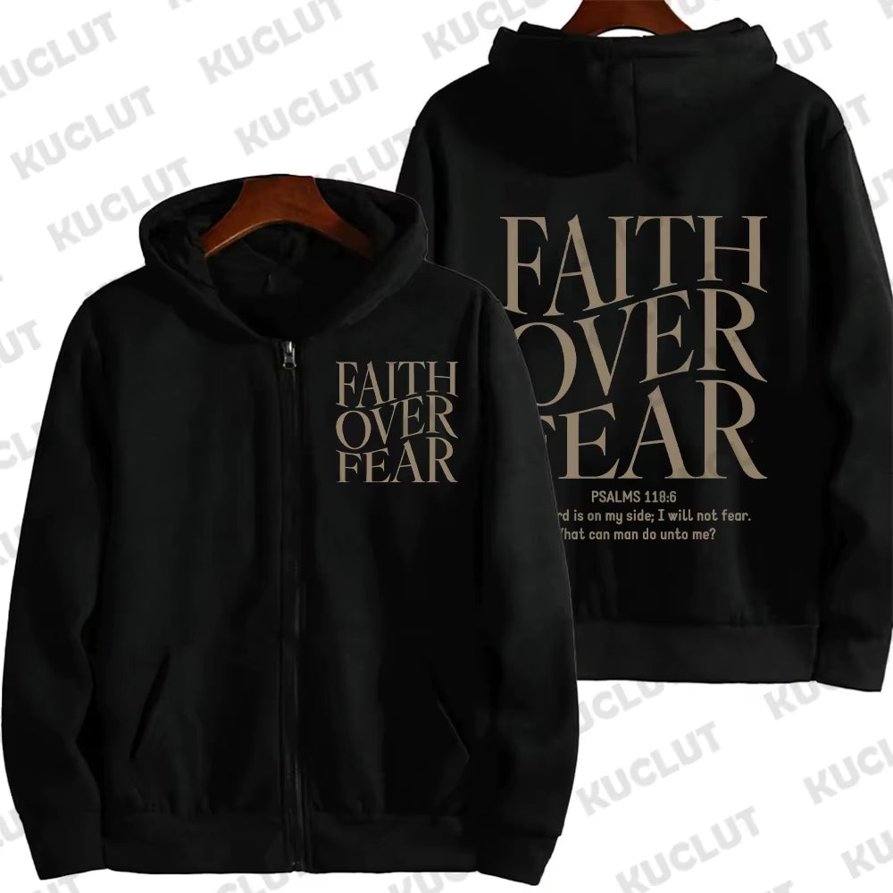 Faith over Fear Christian Women Zip Hoodie Christian Sweatshirt Jesus Hoodie Trendy Hoodie Bible Verse Aesthetic Zip Jacket Coat