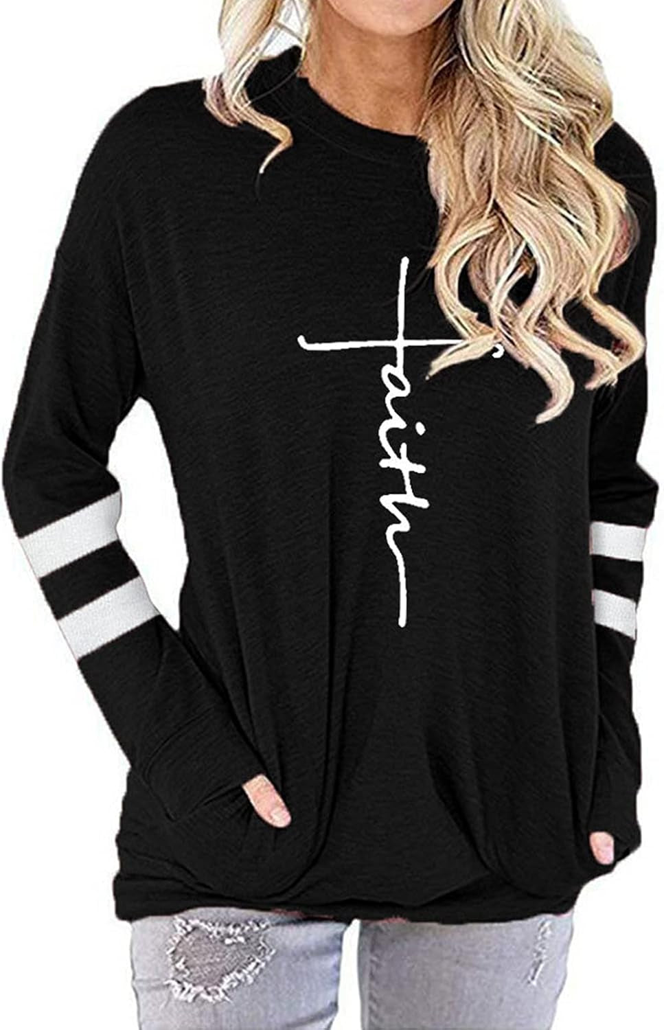 Women'S Faith Sweatshirt Loose Fit Long Sleeve Crewneck Christian Letter Print Tunic Tops with Pocket