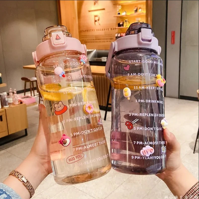 2L Sports Water Bottle with Straw Portable Large Capacity Water Bottles Fitness Bike Cup Summer Cold Water Jug with Time Marker