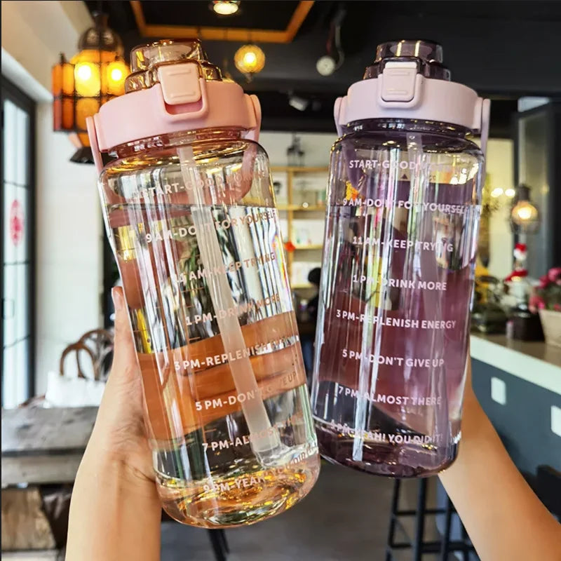 2L Sports Water Bottle with Straw Portable Large Capacity Water Bottles Fitness Bike Cup Summer Cold Water Jug with Time Marker