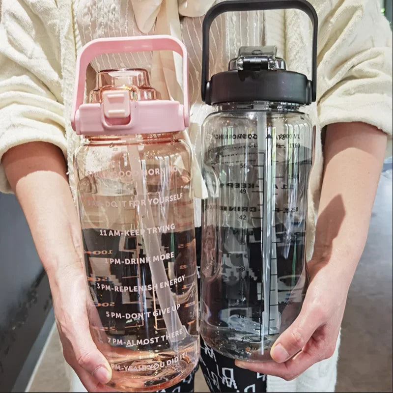 2L Sports Water Bottle with Straw Portable Large Capacity Water Bottles Fitness Bike Cup Summer Cold Water Jug with Time Marker