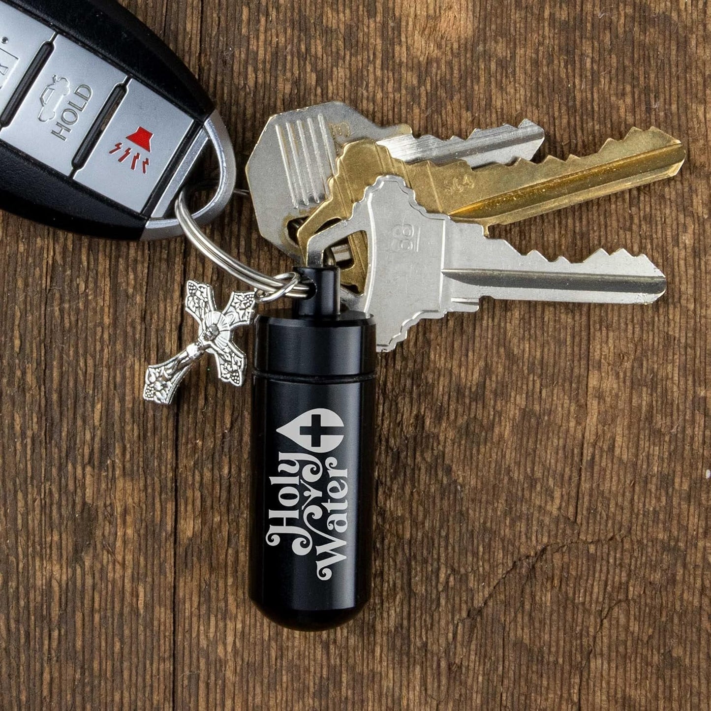 Catholic Holy Water Bottle, Black Keychain Container Kit with Plastic Eyedropper & Glass Vial