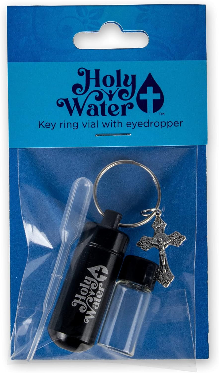 Catholic Holy Water Bottle, Black Keychain Container Kit with Plastic Eyedropper & Glass Vial