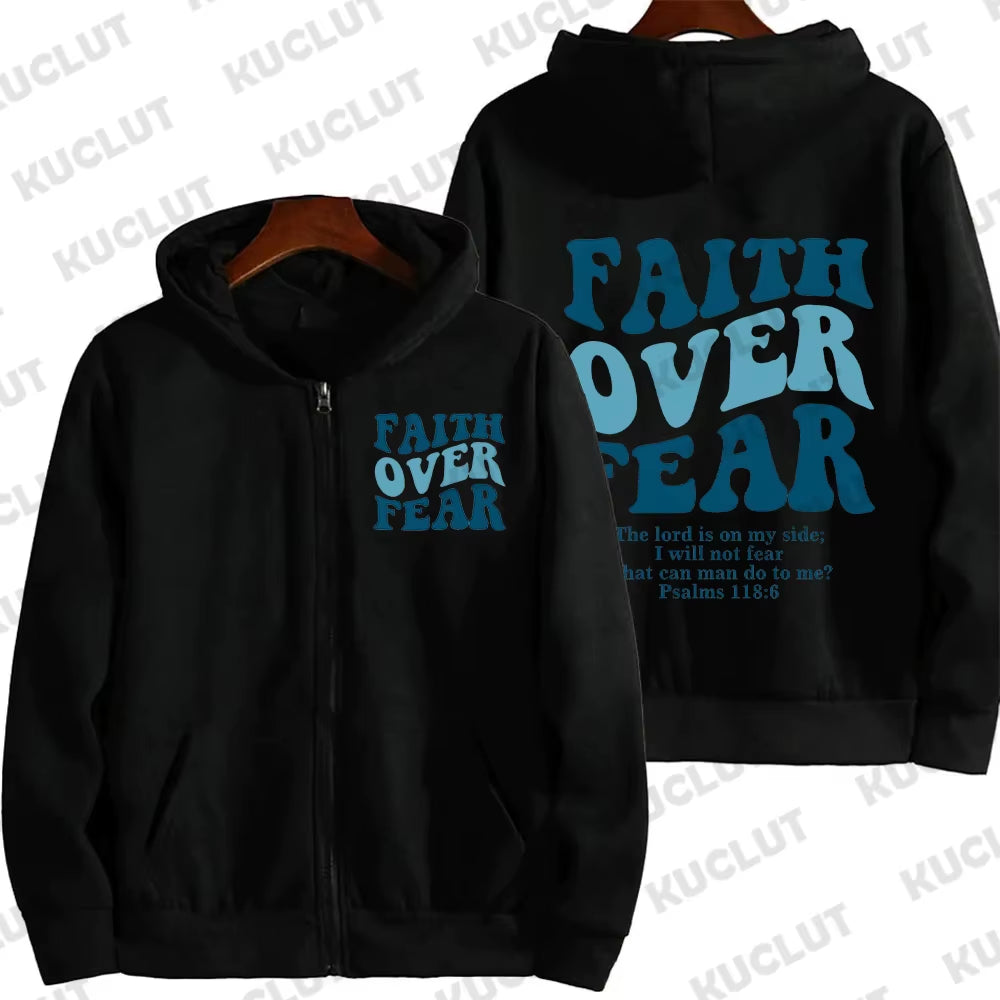 Faith over Fear Christian Women Zip Hoodie Christian Sweatshirt Jesus Hoodie Trendy Hoodie Bible Verse Aesthetic Zip Jacket Coat